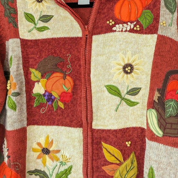 Vintage Autumn Embroidered Fall Harvest Orange Sweater Size Medium - Picture 9 of 14